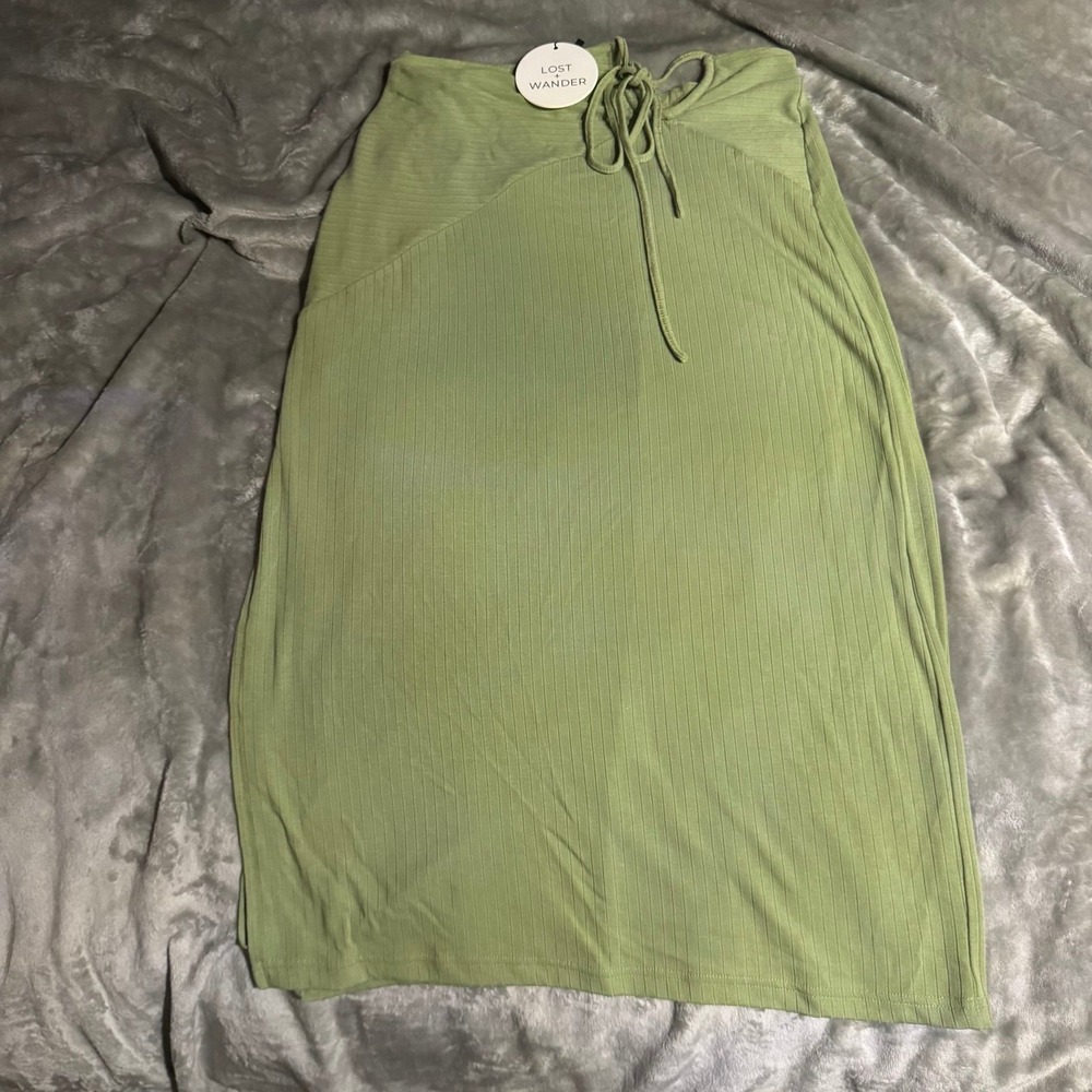 Lost + Wander Sage Green Ribbed Maxi Skirt with Drawstring Waist
